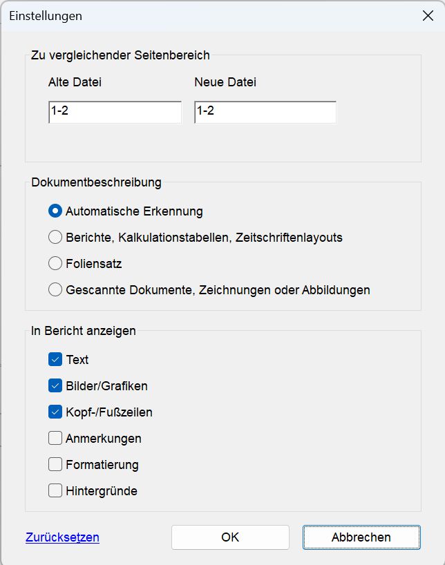 Einstellungen für „Dateien vergleichen“
