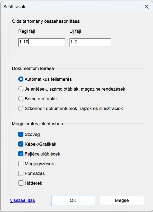 A Fájlok összehasonlítása elem beállításai