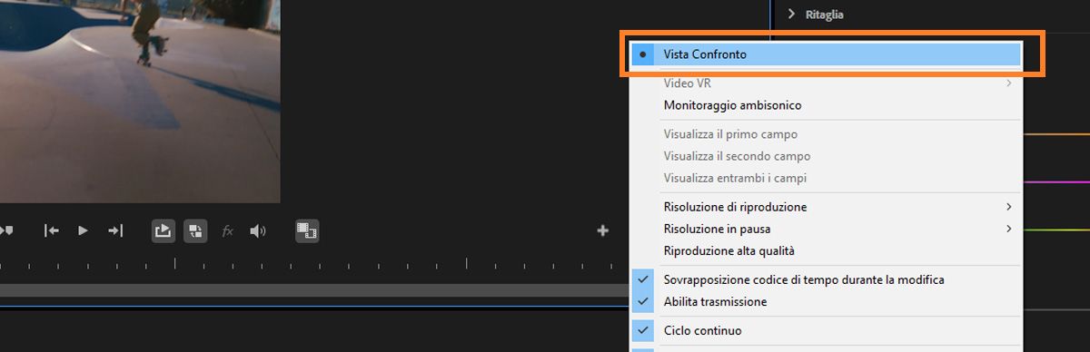 Vista di confronto attivata che mostra due clip affiancate con l'opzione del menu evidenziata.
