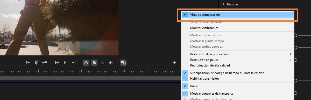 Vista de comparación habilitada mostrando dos clips lado a lado con la opción de menú resaltada.