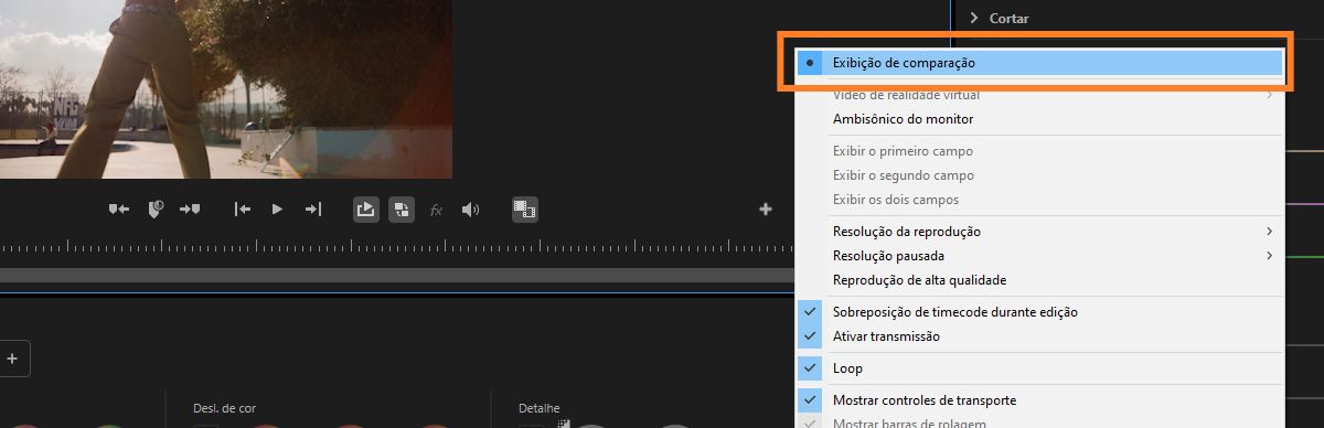 Exibição de comparação habilitada mostrando dois clipes lado a lado com opção de menu destacada.