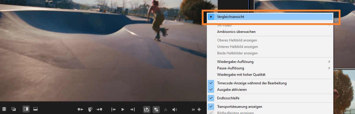 Vergleichsansicht aktiviert, die zwei Clips nebeneinander mit hervorgehobener Menüoption zeigt.