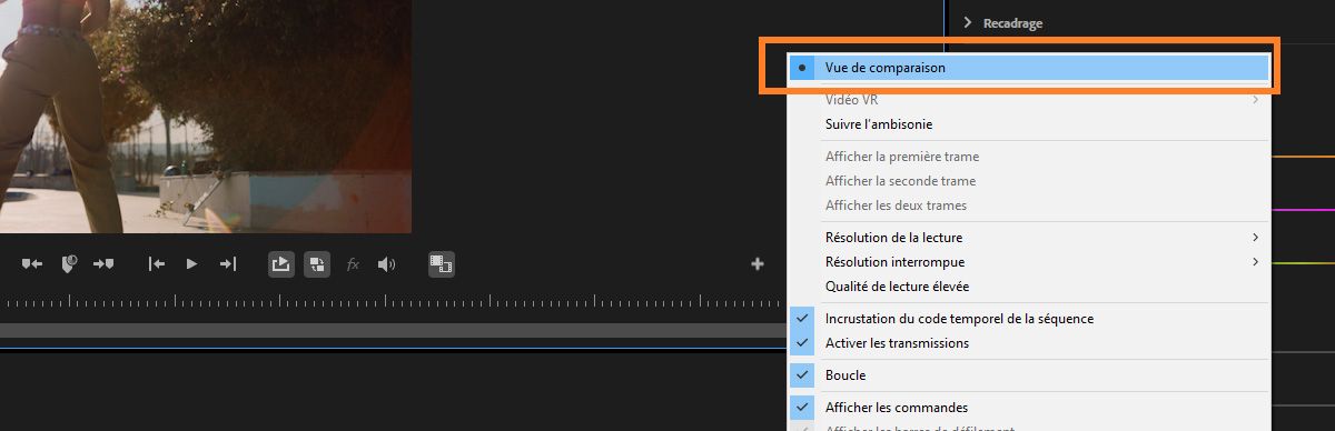 Vue de comparaison activée montrant deux clips côte à côte avec l'option de menu mise en surbrillance.
