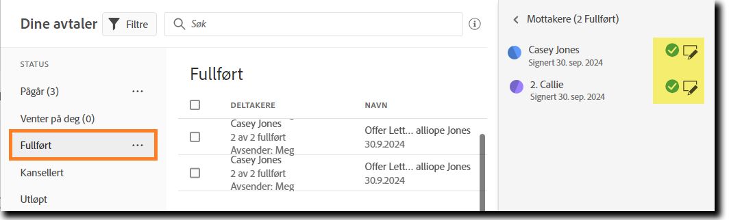 Mottakerlisten for en fullført avtale markerer ikonene med Vis skjemadata.