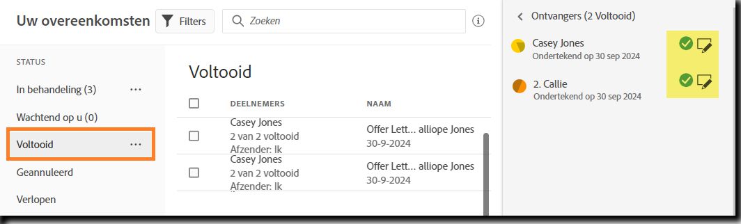 De ontvangerslijst voor een voltooide overeenkomst met de pictogrammen Formuliergegevens weergeven gemarkeerd