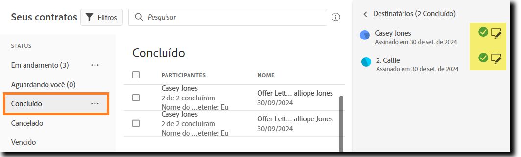 A lista de destinatários de um contrato concluído, realçando os ícones de “Exibir dados de formulário”
