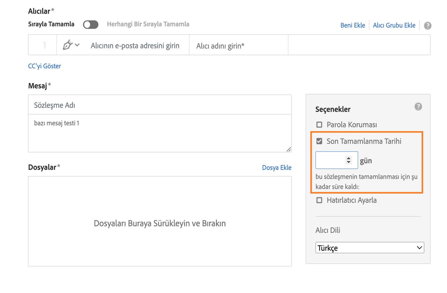 Son Tamamlanma Tarihi seçeneğini vurgulayan klasik Oluştur sayfası