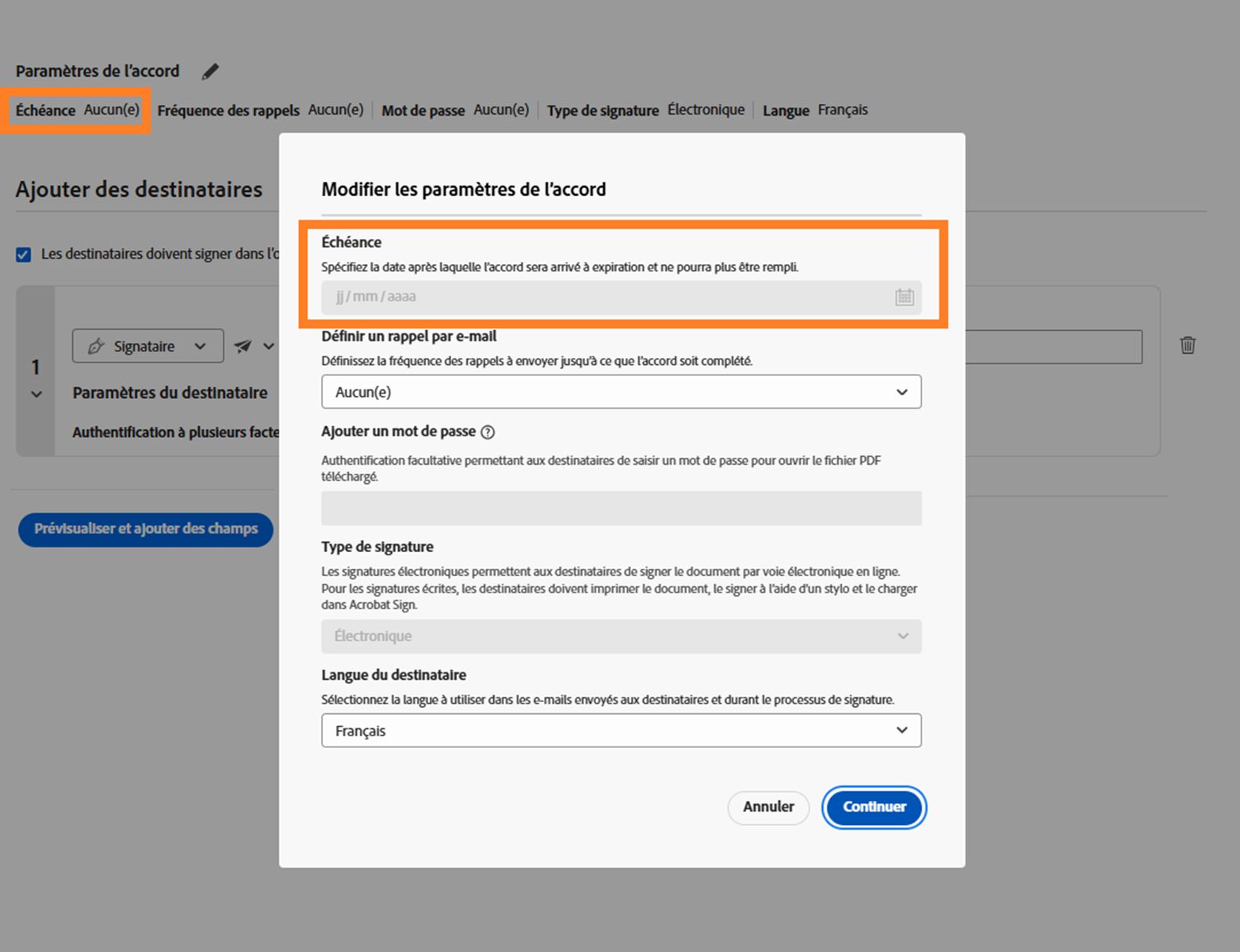 Section Paramètres de l’accord de la page Composer avec le champ « date d’achèvement » verrouillé mis en évidence