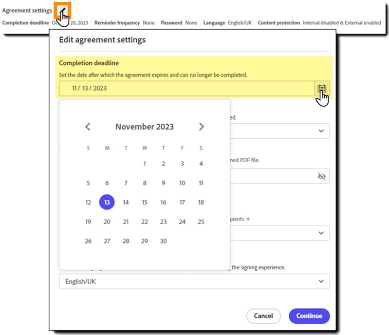 Het venster voor instellingen van overeenkomsten met de deadlinekalender gemarkeerd