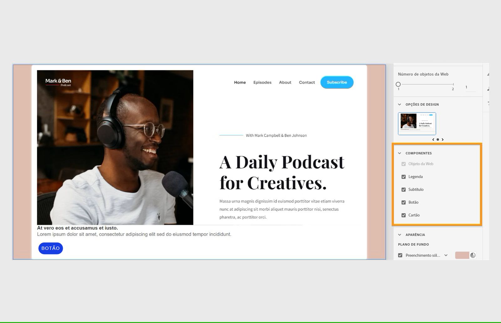 Adicionar componentes a um objeto da Web