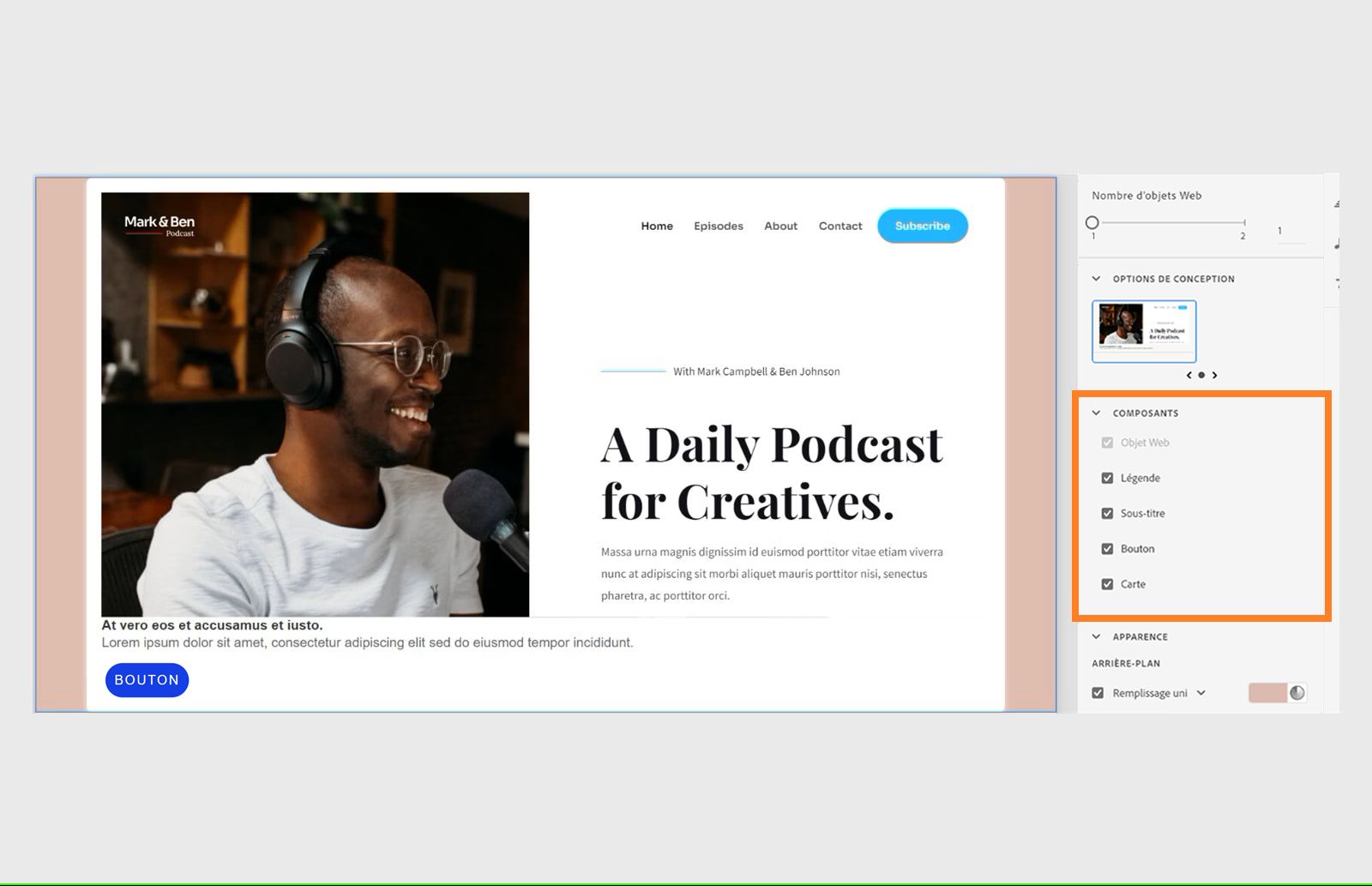 Ajout de composants dans un objet Web