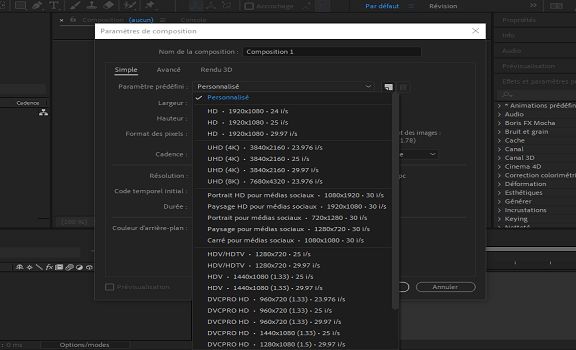 Préréglages de composition