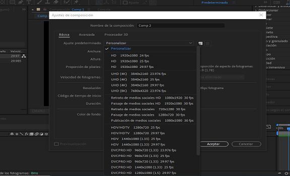 Ajustes preestablecidos de composición