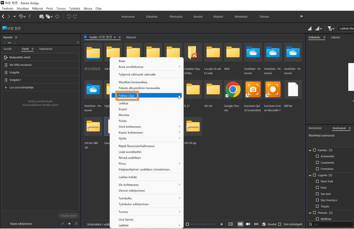 Pakkaa (Zip) tiedostoja helposti Adobe Bridgessä.