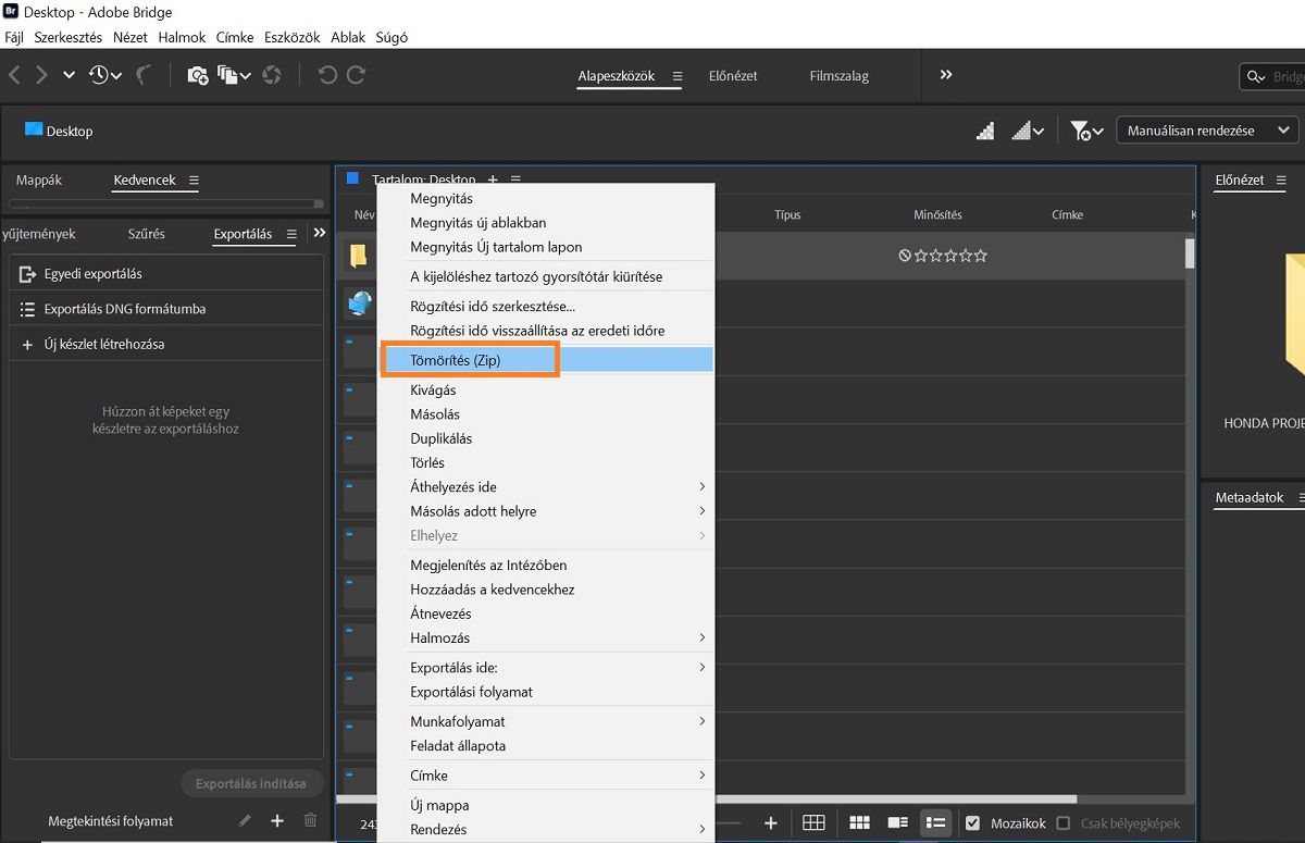 Fájlok egyszerű Tömörítése (Zip) az Adobe Bridge alkalmazásban.