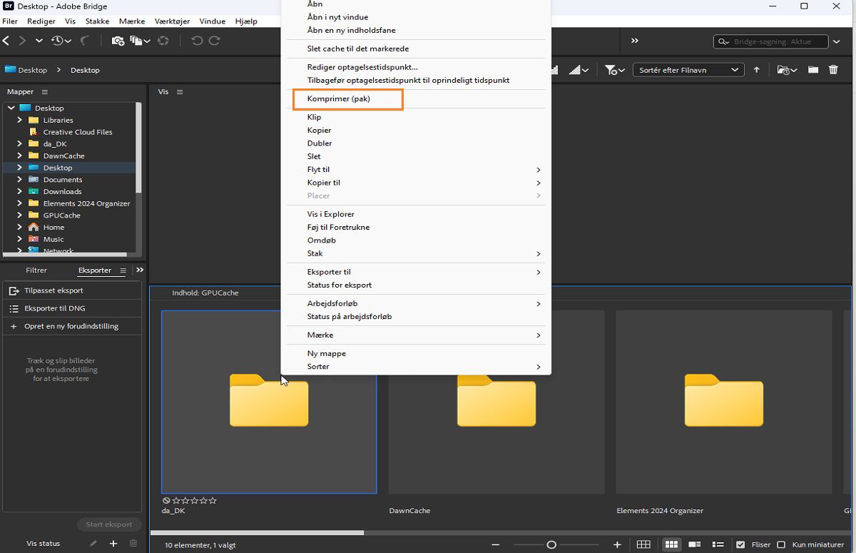 Komprimer nemt filer (Zip) i Adobe Bridge.