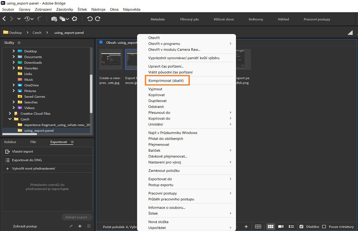 Snadno komprimujte (sbalte) soubory v aplikaci Adobe Bridge.