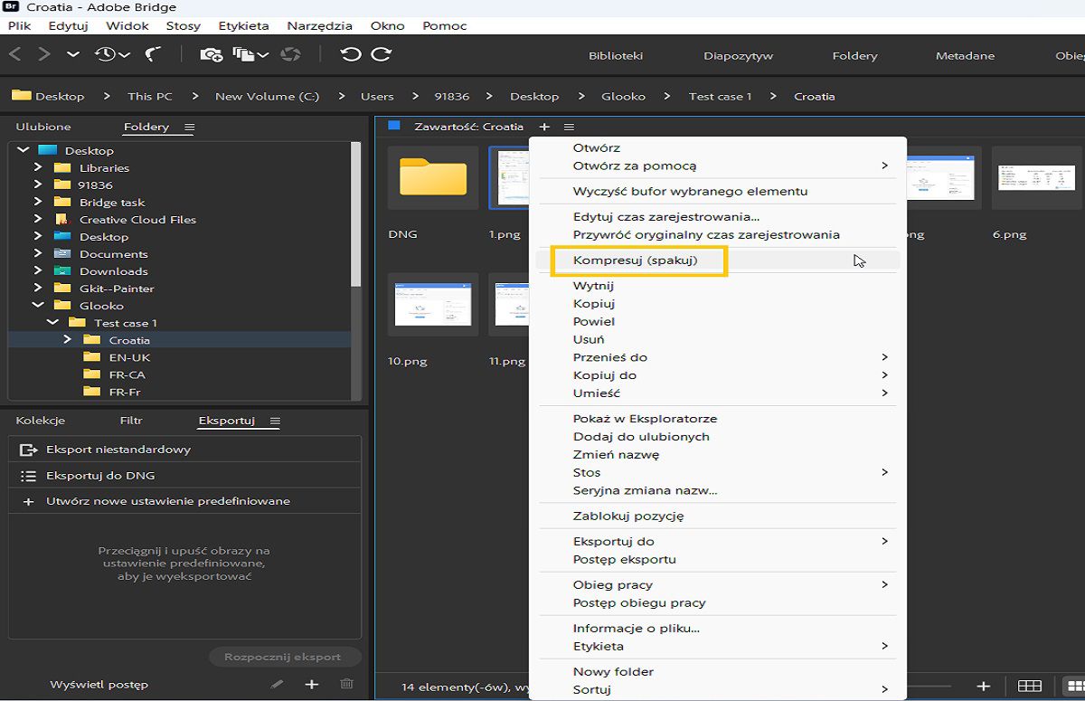 Łatwe kompresowanie plików (pakowanie) w programie Adobe Bridge.
