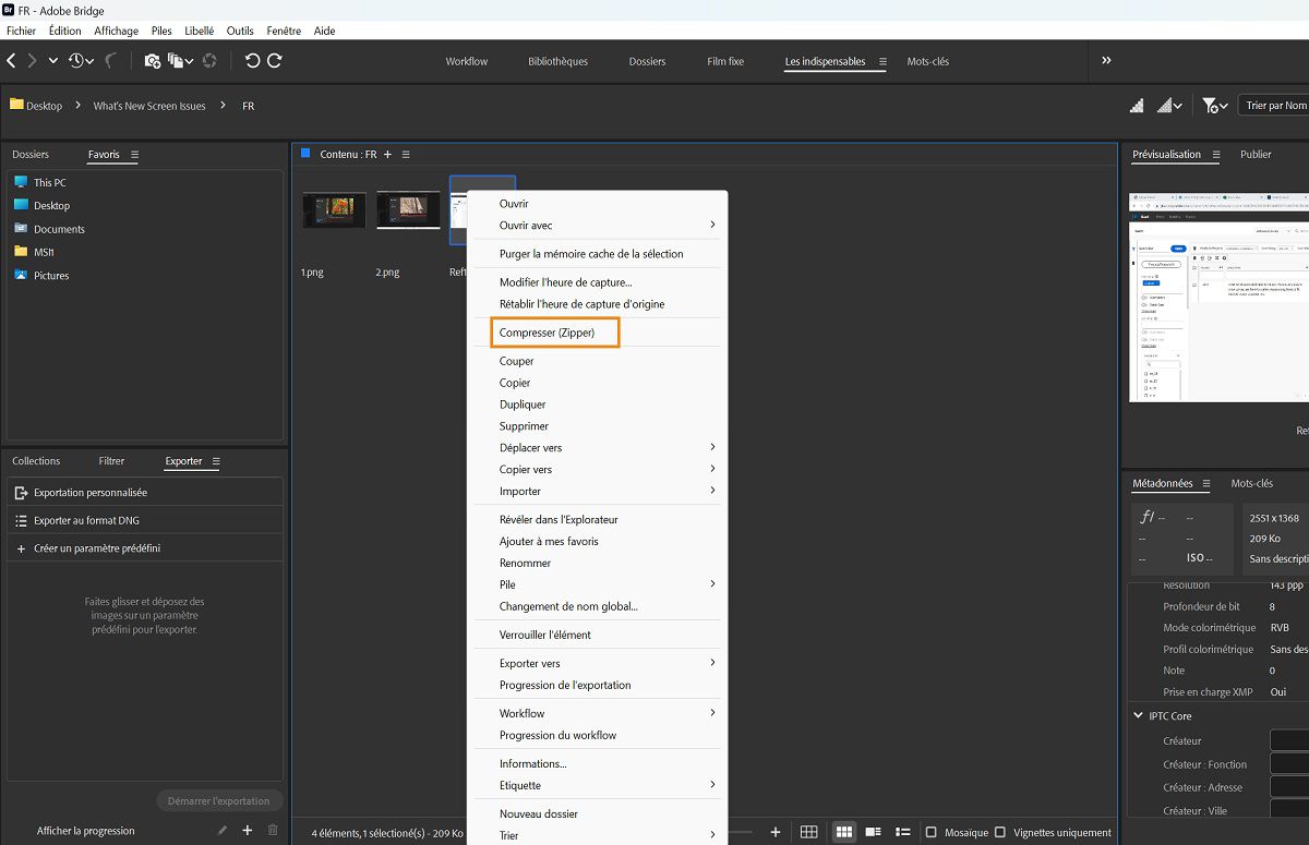 Compressez (zippez) facilement des fichiers dans Adobe Bridge.