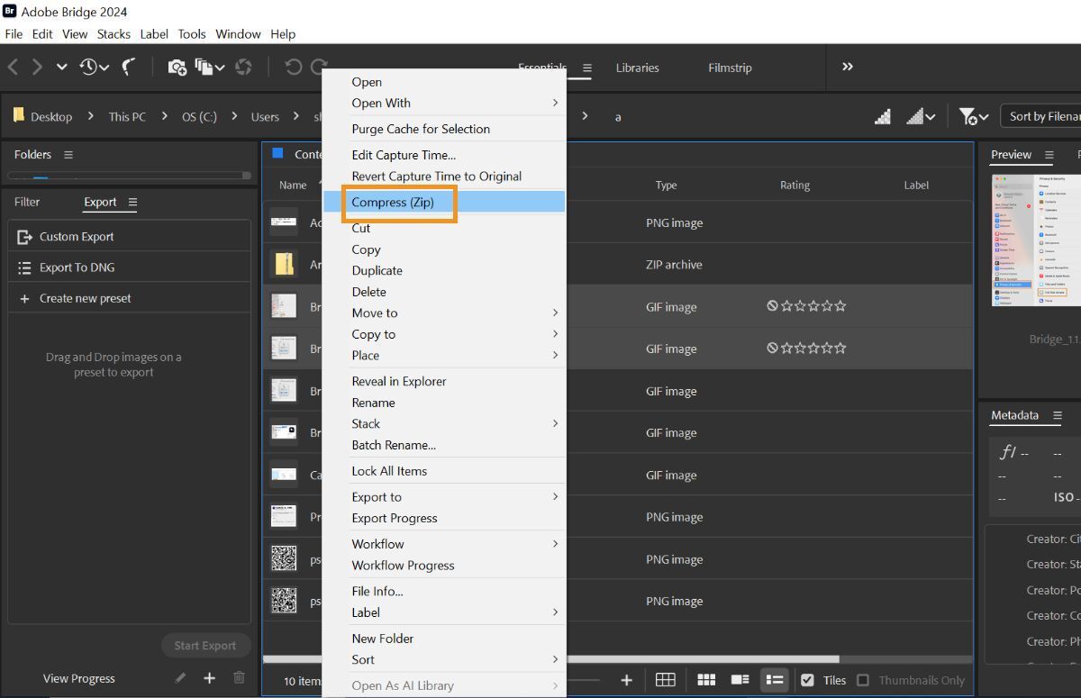 Compress (Zip) files easily in Adobe Bridge.