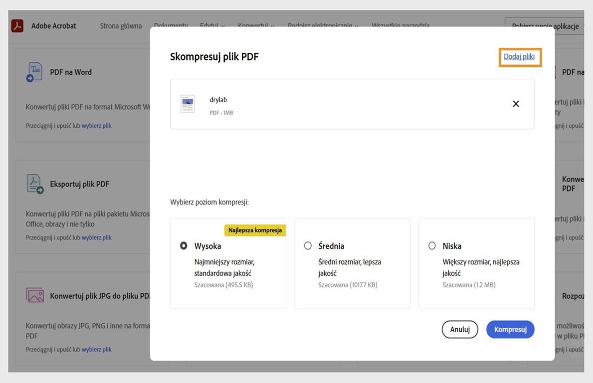 Okno dialogowe Kompresuj plik PDF pokazuje trzy poziomy kompresji: Wysoki, Średni i Niski. Opcja Dodaj pliki jest podświetlona.