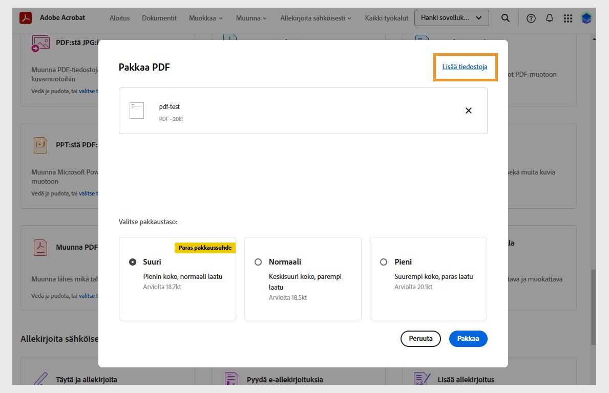 Pakkaa PDF -valintaikkuna näyttää kolme pakkaustasoa: Korkea, Keskitaso ja Matala. Lisää tiedostoja -vaihtoehto on korostettu.