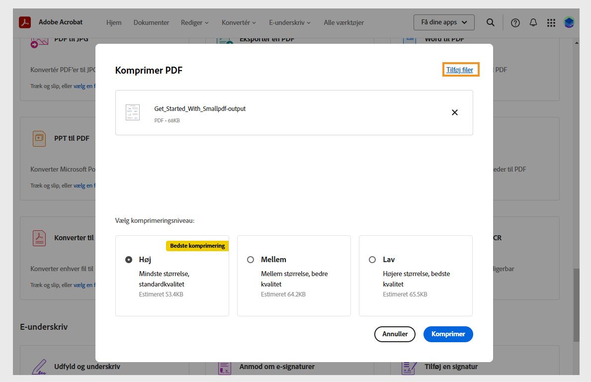 Dialogboksen Komprimer PDF viser de tre komprimeringsniveauer: Høj, Mellem og Lav. Indstillingen Tilføj filer er fremhævet.