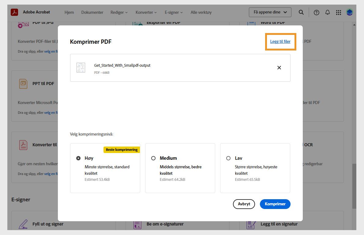 Dialogboksen Komprimer PDF viser de tre komprimeringsnivåene: høy, middels og lav. Alternativet Legg til filer er uthevet.