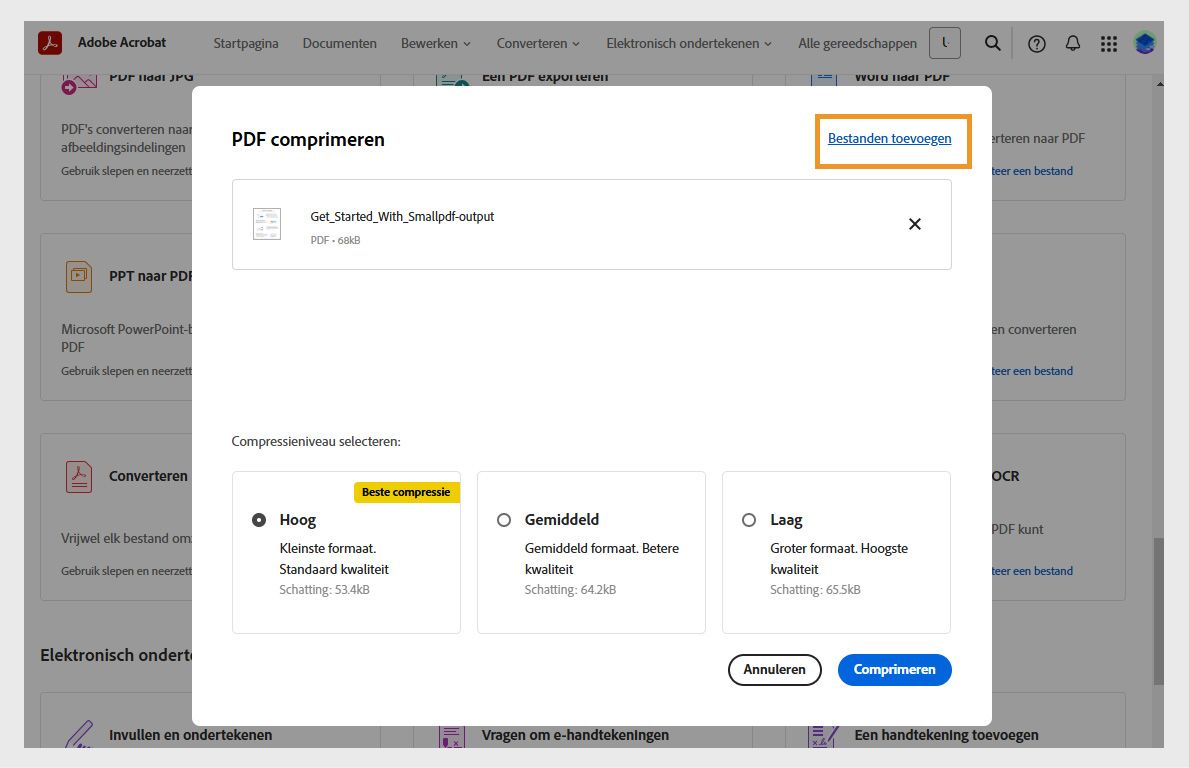 Het dialoogvenster PDF comprimeren toont de drie compressieniveaus: Hoog, Gemiddeld en Laag. De optie Bestanden toevoegen is gemarkeerd.