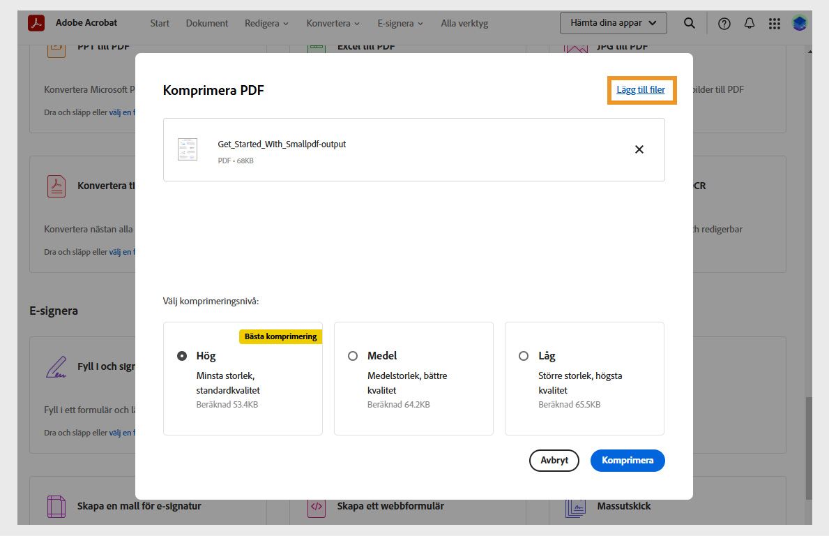 Dialogrutan Komprimera PDF-fil visar de tre komprimeringsnivåerna: Hög, Medium och Låg. Alternativet Lägg till filer är markerat.
