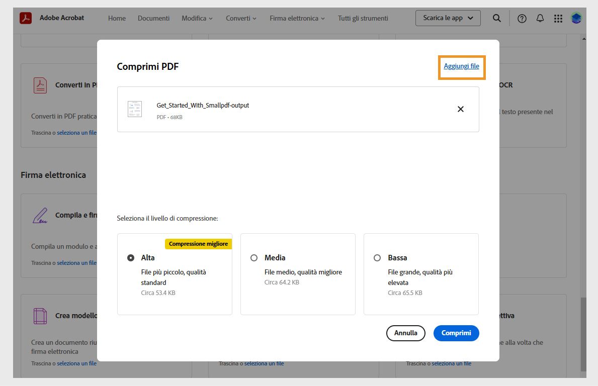 Finestra di dialogo Comprimi PDF che mostra tre livelli di compressione: Alto, Medio e Basso. L’opzione Aggiungi file è evidenziata.