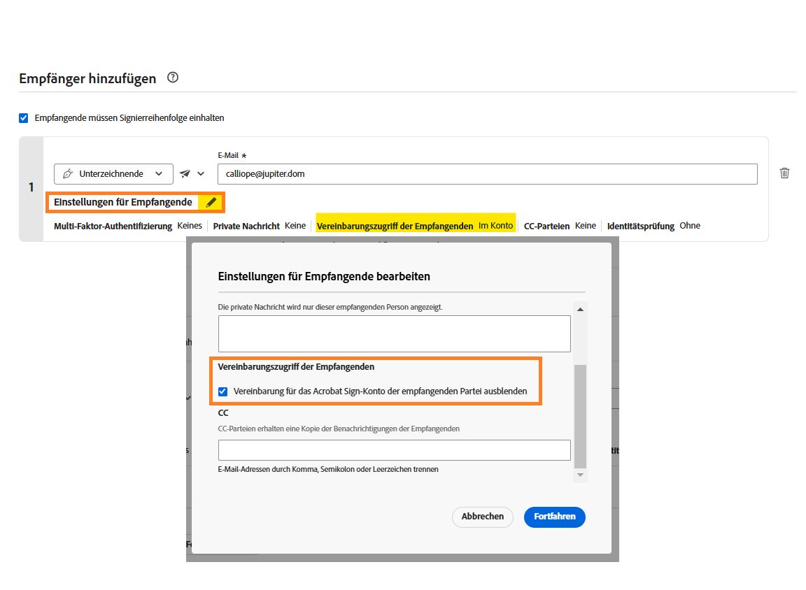 Die Einstellungen für Empfangende, wie sie die sendende Person sieht; die Option zum Ausblenden der Vereinbarung für die Empfangspartei ist in der Benutzeroberfläche zum Anfordern von Signaturen hervorgehoben