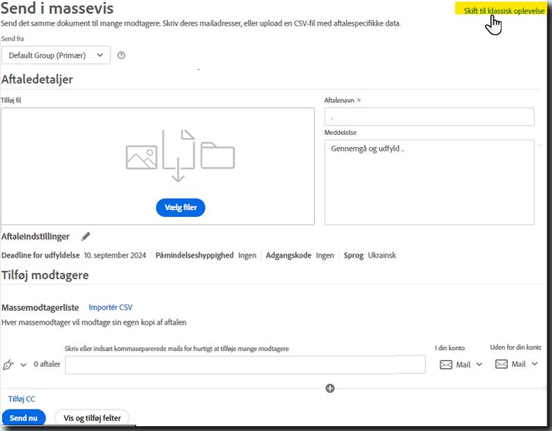 Den nye landingsside for Send i massevis med Skift-linket fremhævet