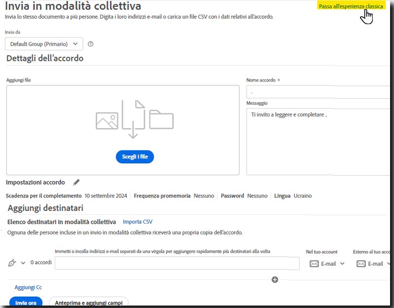 Nuova pagina di destinazione di Invia in modalità collettiva in cui è evidenziato il collegamento per passare da un ambiente all’altro