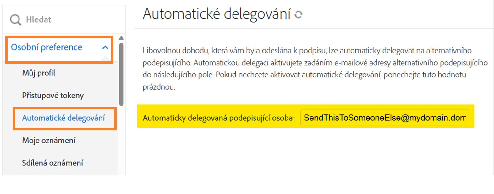 Nastavení e-mailu pro delegování