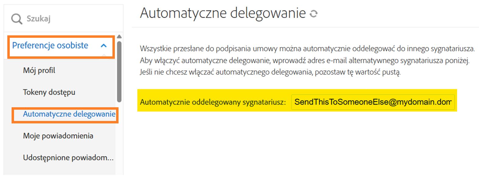 Ustawianie adresu e-mail delegowania