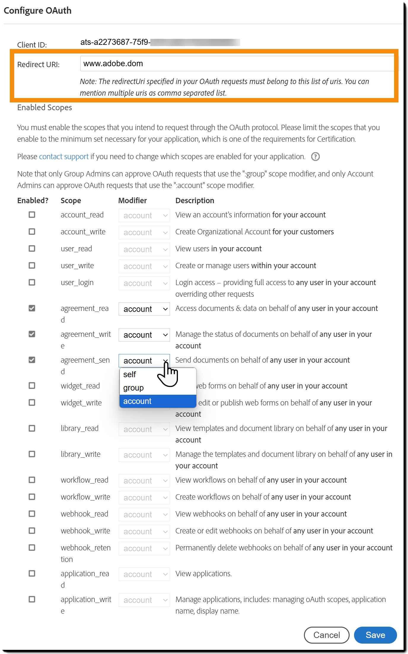 Het deelvenster OAuth configureren met het uitgevouwen vervolgkeuzemenu Modifier.