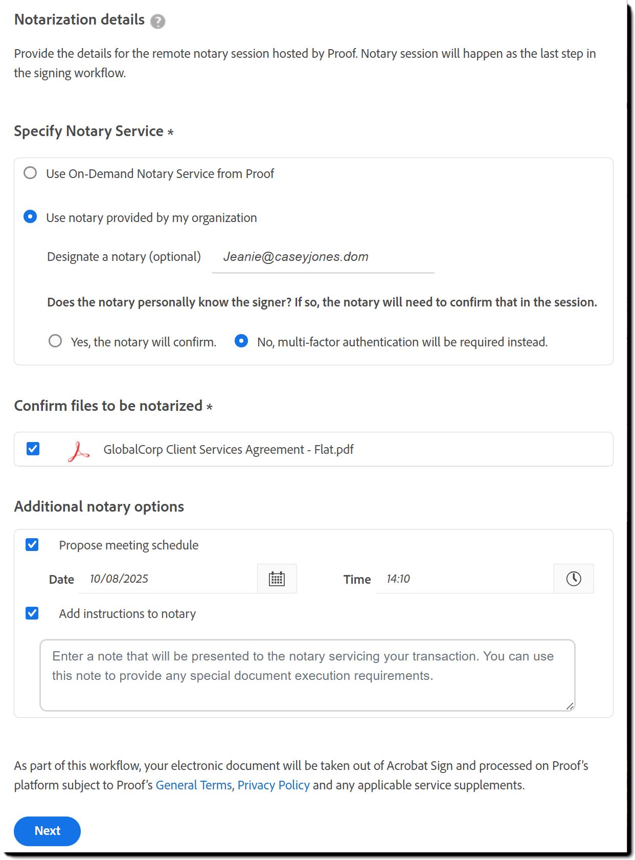 Configuration des détails Proof