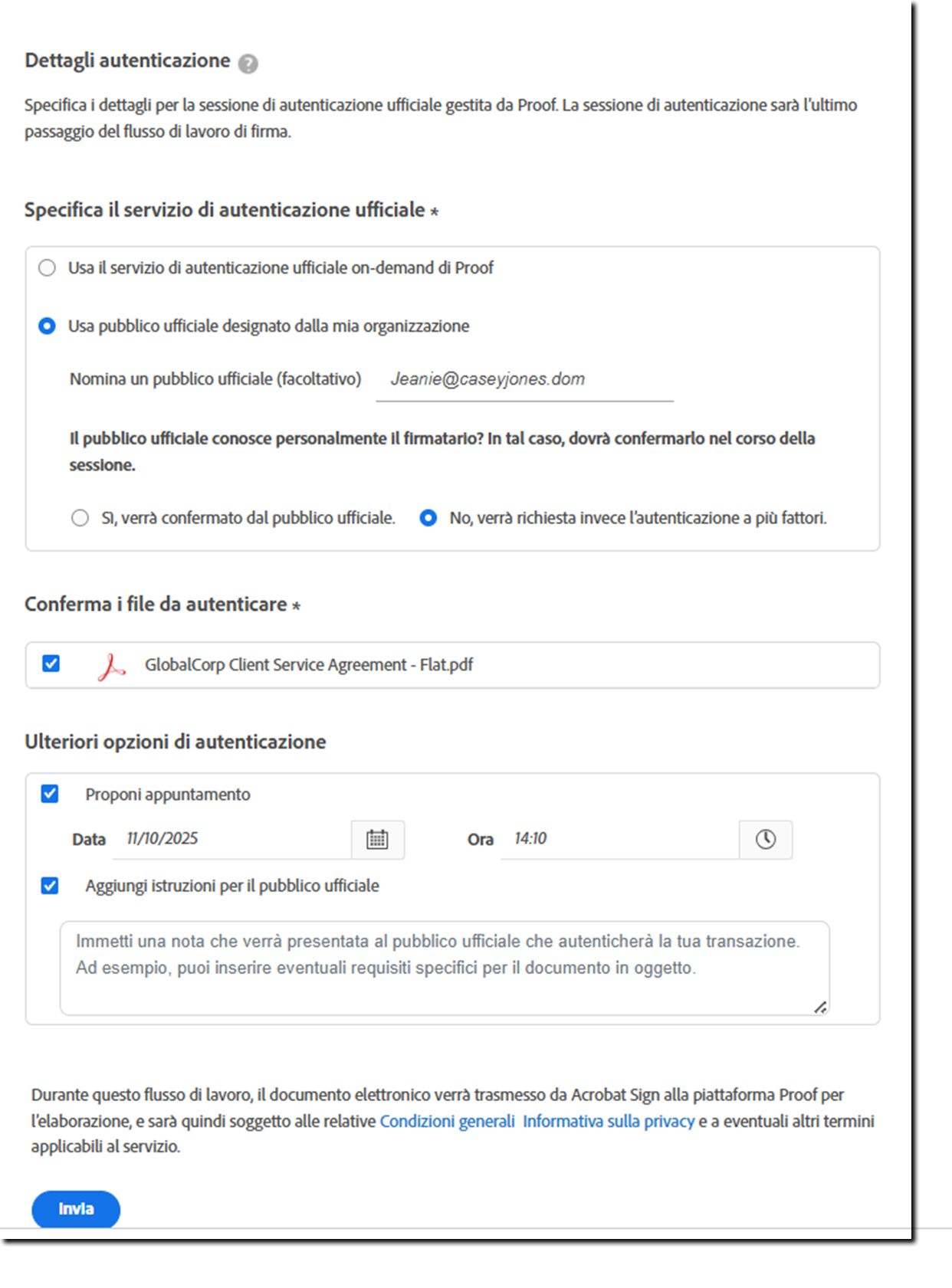 Configurazione dei dettagli Proof