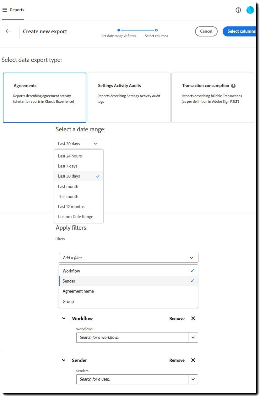 Configuración de exportación de datos que muestra los filtros de fecha y flujo de trabajo expandidos