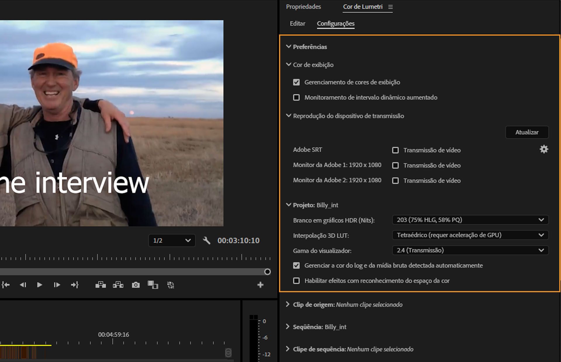 O painel Cor de Lumetri no Adobe Premiere Pro mostra opções de configuração da cor de exibição e do projeto, incluindo branco em gráficos HDR, interpolação LUT e gama.