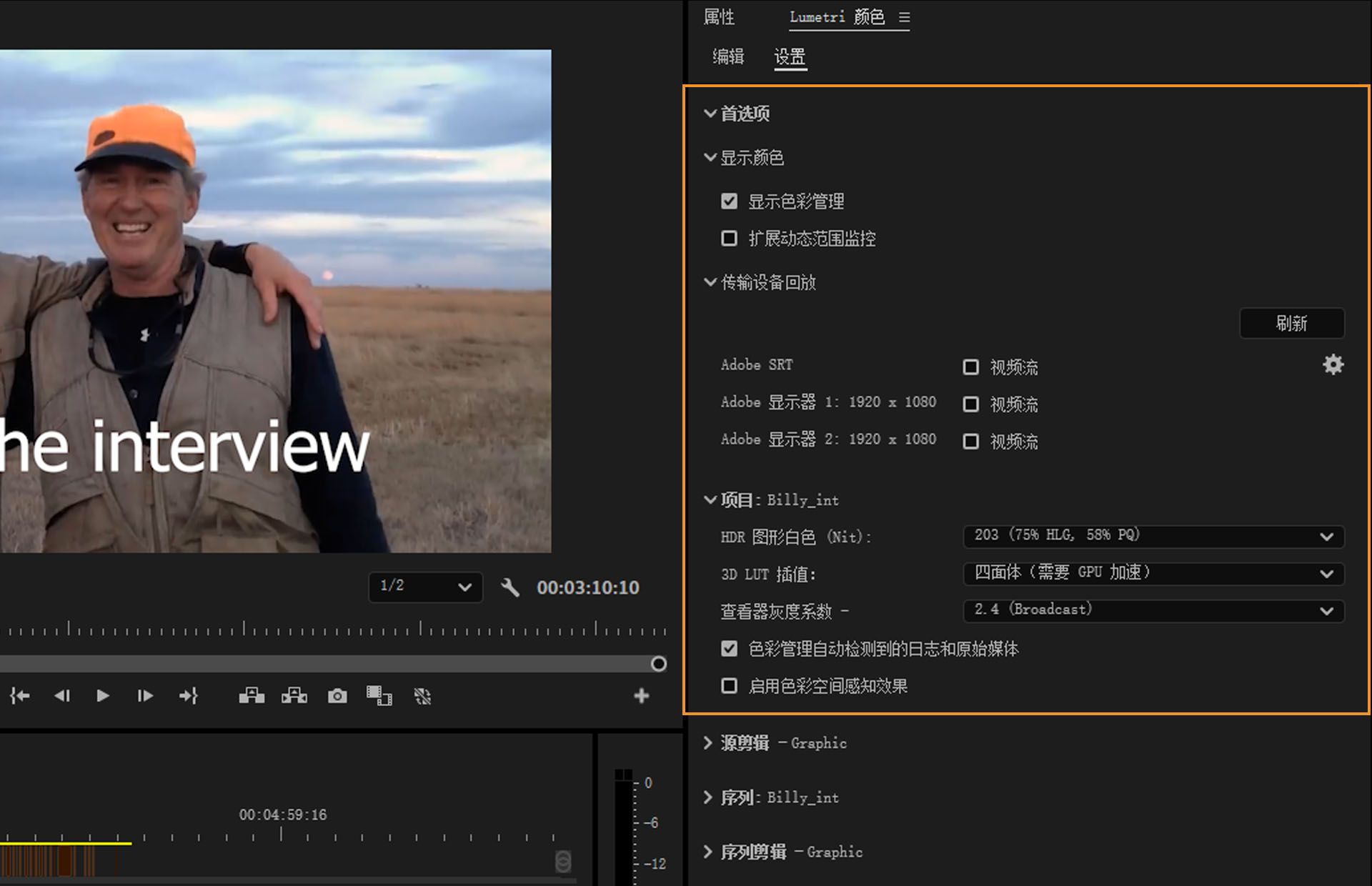 Adobe Premiere Pro 中的“Lumetri 颜色”面板显示用于管理显示器颜色和项目设置的选项，包括 HDR 图形白色、LUT 插值和灰度系数。