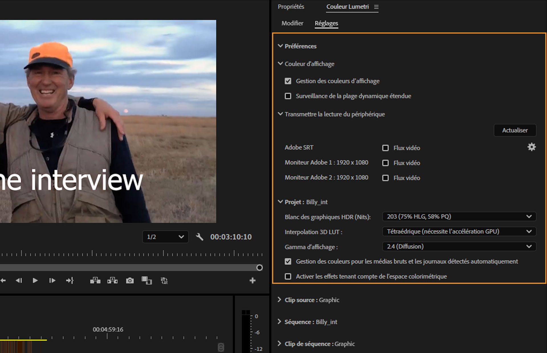 Le panneau Couleur Lumetri d’Adobe Premiere Pro affiche des options permettant de gérer la couleur d’affichage et les paramètres du projet, y compris le blanc des graphiques HDR, l’interpolation LUT et le gamma.