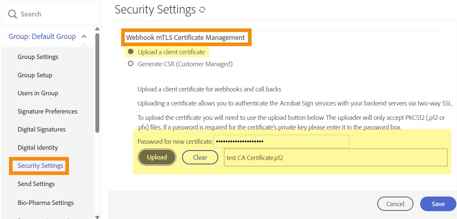 mTLS-funktionen med upload-indstillingen valgt.