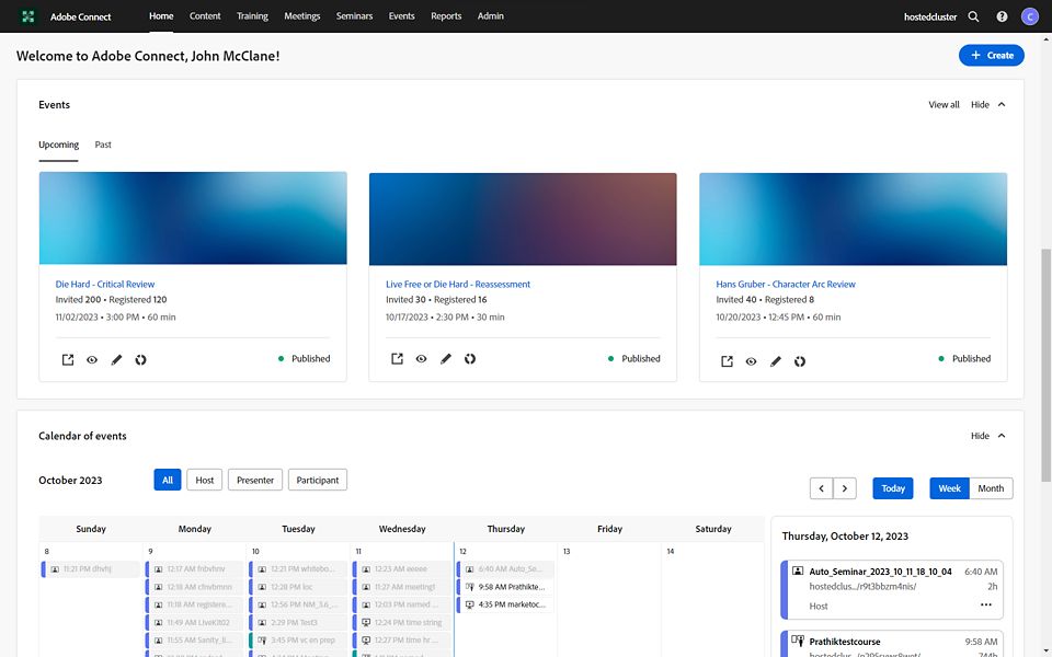 Новая главная страница Adobe Connect Central, просмотр последних мероприятий и календаря