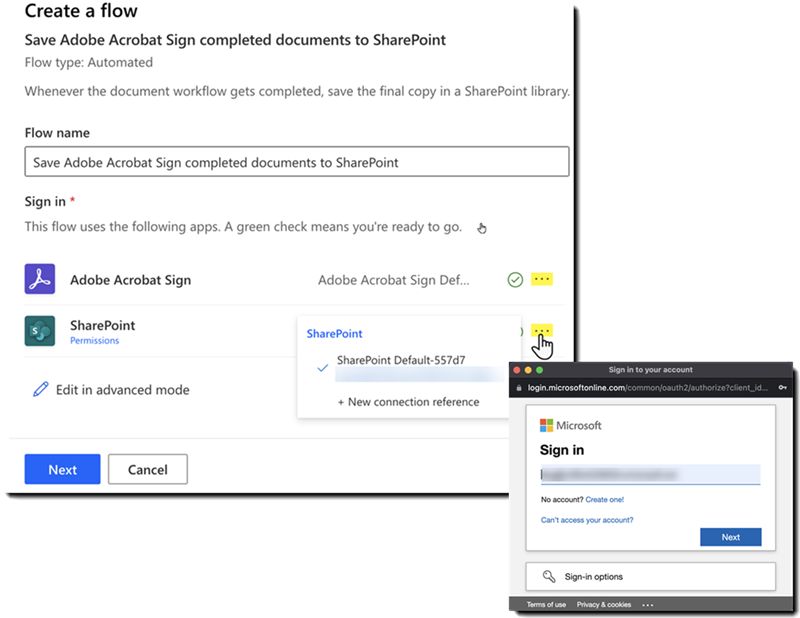 Flux Power Automate entre Acrobat Sign et SharePoint avec le panneau d’authentification affiché