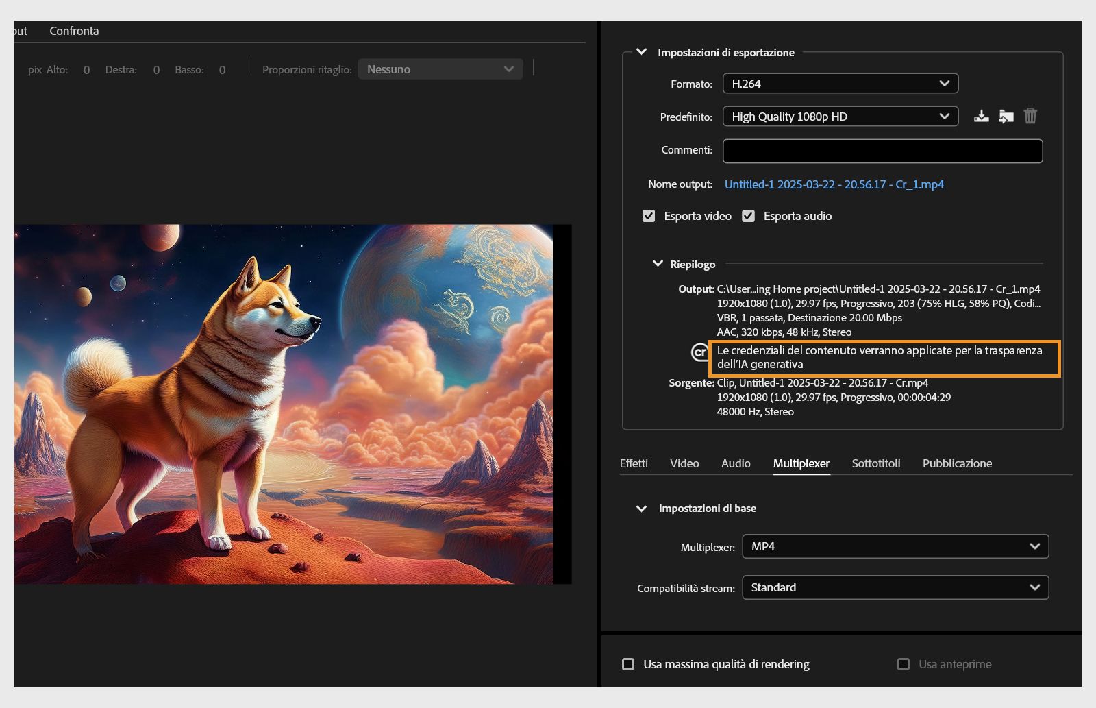 Finestra di dialogo Impostazioni di esportazione aperta per visualizzare le credenziali di contenuto applicate automaticamente dalla Adobe all’elemento generato con le funzioni Adobe Firefly. Le credenziali di contenuto verranno applicate al file esportato.