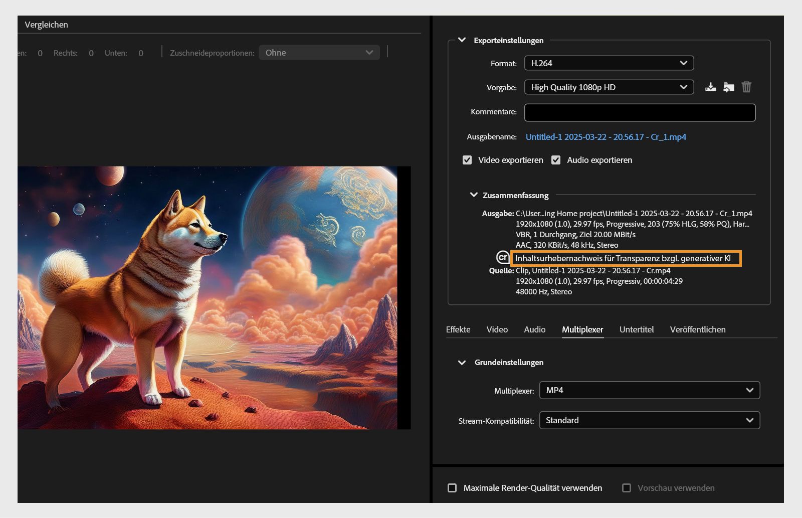 Das Dialogfeld „Exporteinstellungen“ ist geöffnet, in dem die Content Credentials angezeigt werden, die Adobe automatisch auf das Element angewendet hat, das mit den Adobe Firefly-Funktionen generiert wurde. Die Content Credentials werden auf die exportierte Datei angewendet.