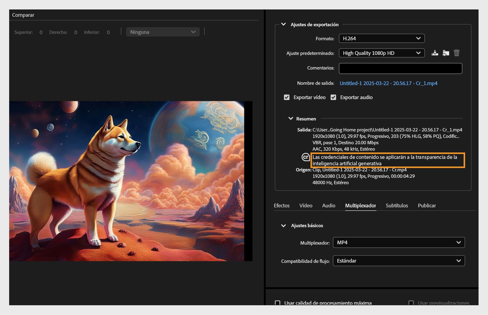 El cuadro de diálogo Ajustes de exportación se abre y muestra las credenciales de contenido que Adobe aplica automáticamente al recurso generado con las funciones de Adobe Firefly. Las credenciales de contenido se aplicarán al archivo exportado.