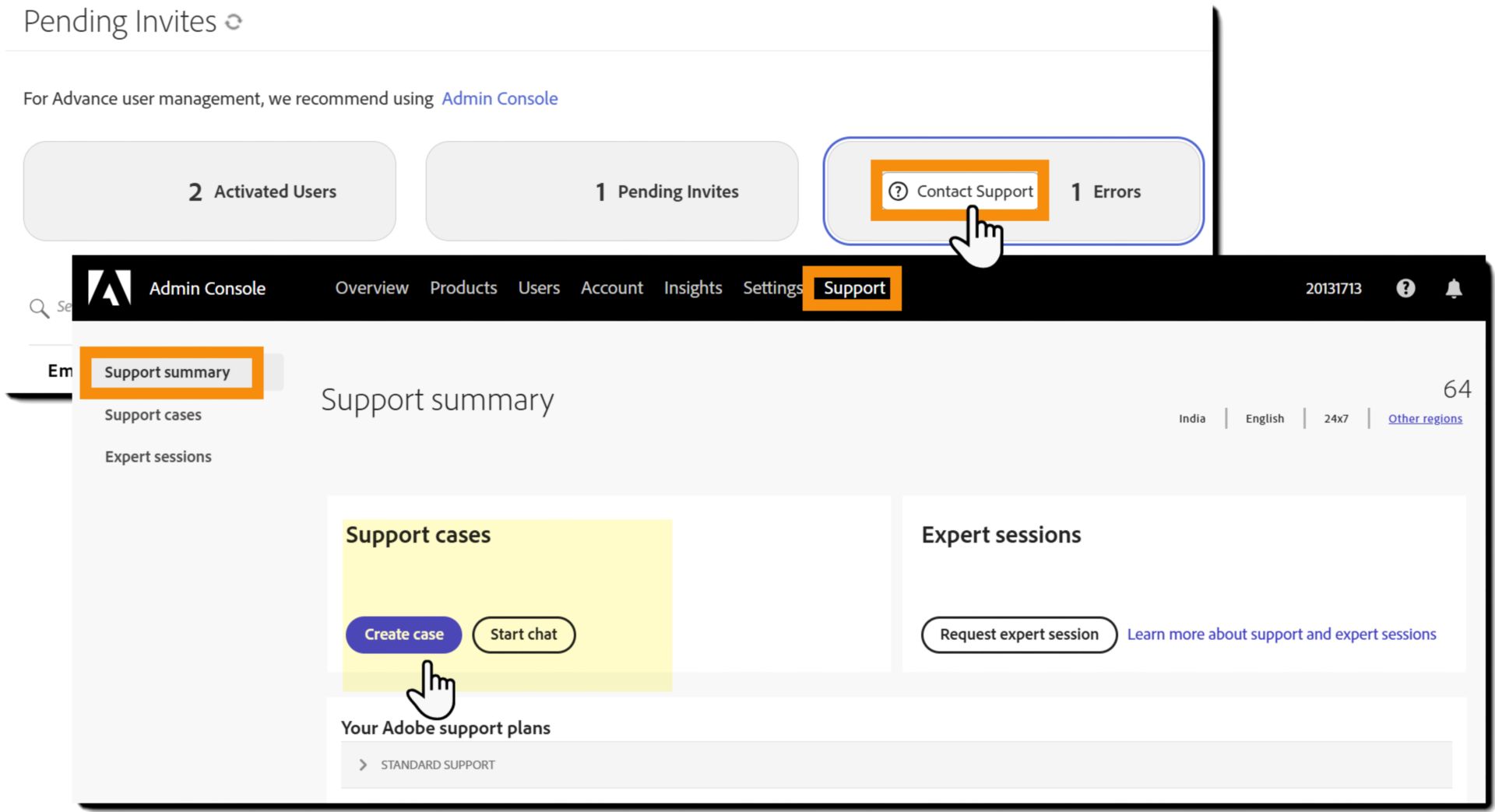 「錯誤」檢視，其中強調顯示「聯絡支援人員」連結，以及據此顯示的 Admin Console 頁面